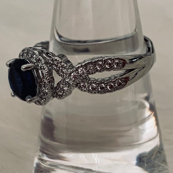 Two Silver Tone Fashion Rings with Blue and Clear Stone - Rectangle and Round - Picture 11 of 16